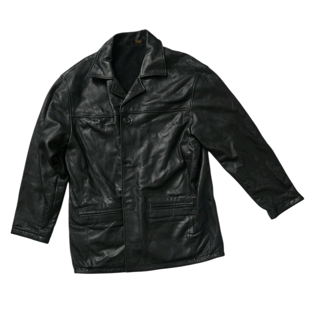 Reed Sportswear Black Leather Car Coat Mens Medium Vintage Walking Jacket Wool